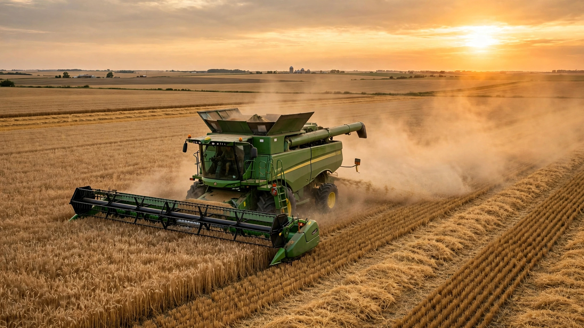 A combine harvester working a wheat field at sunset during the fall harvest