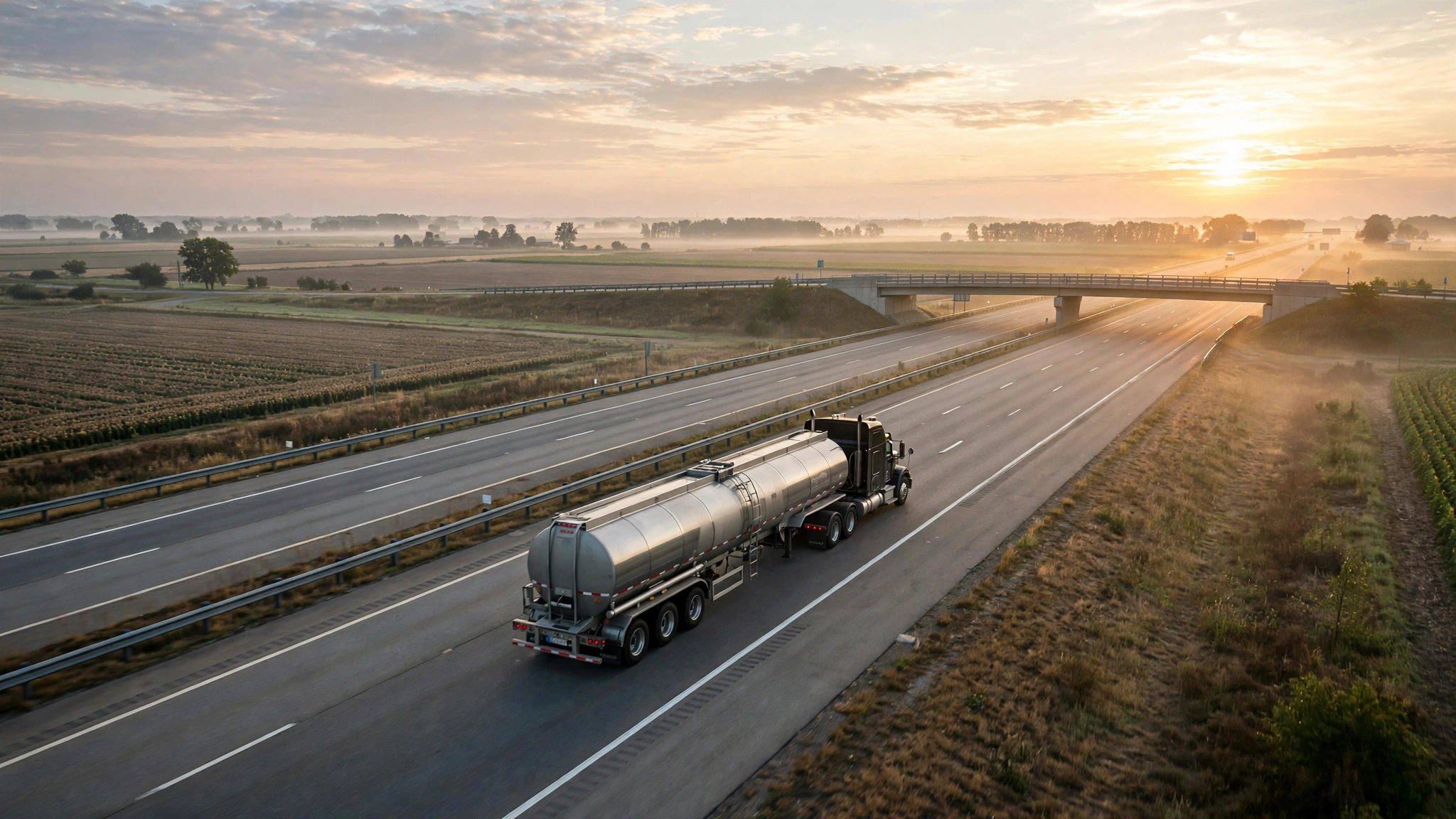 A tanker truck hauling fuel on a US interstate highway at sunrise