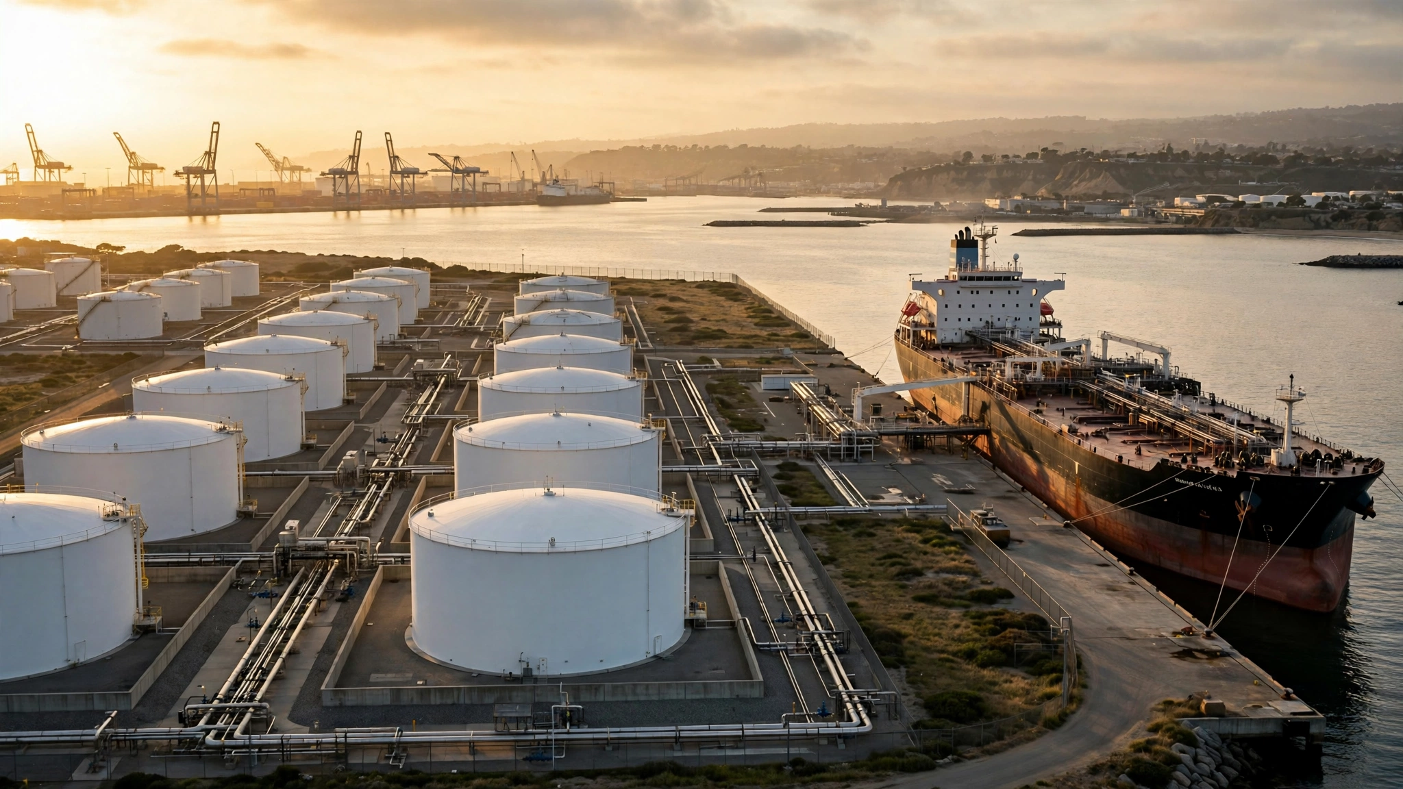 A fuel terminal with rows of white petroleum storage tanks and a tanker ship docked at a port
