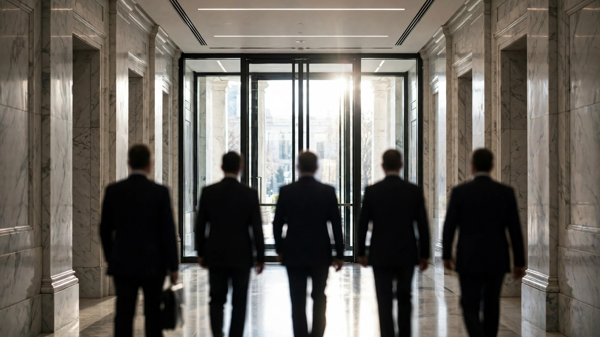 Anonymous suited figures seen from behind walking through a marble government building corridor.