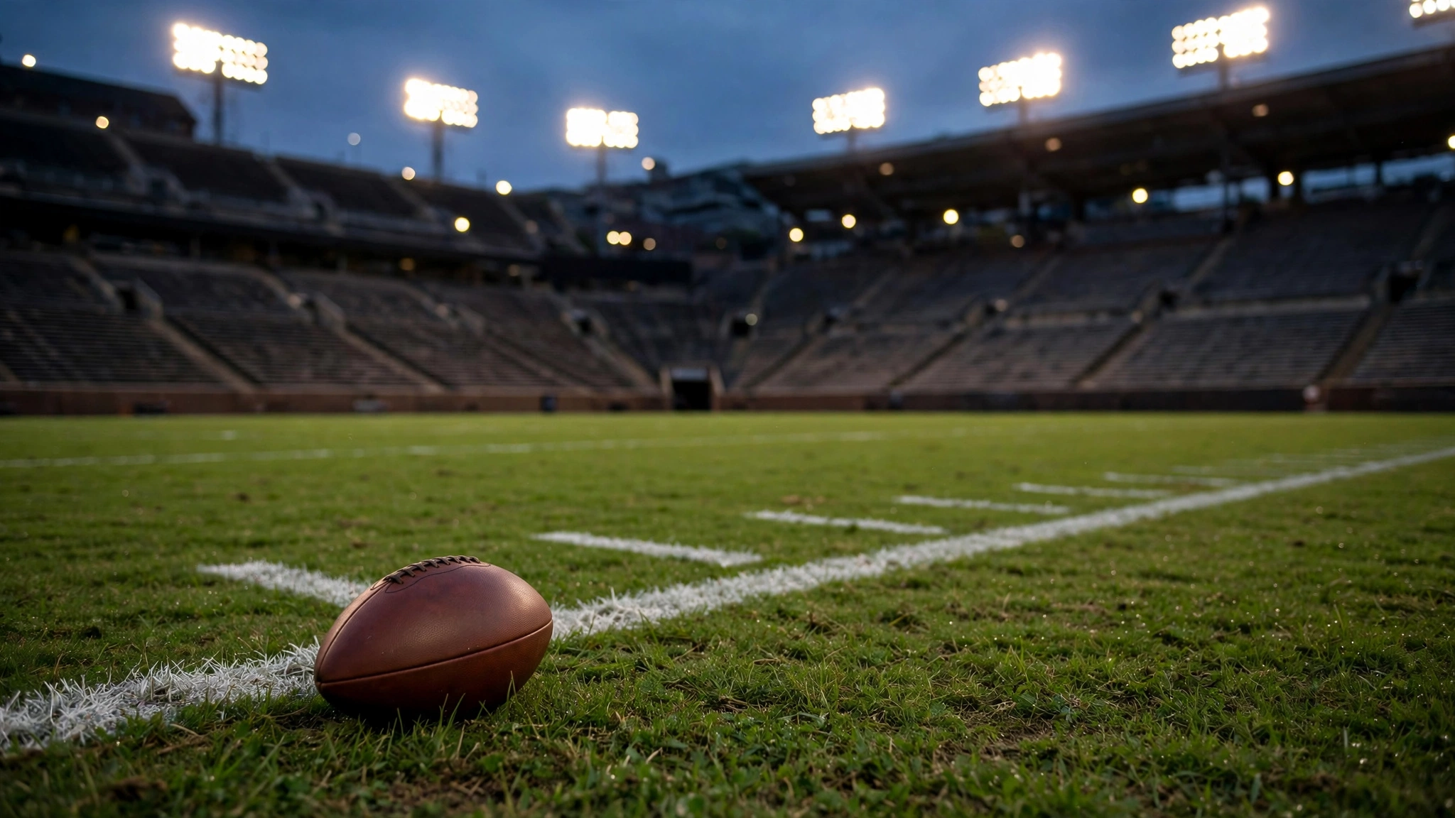 A football resting on the grass near a yard line on an empty football field under stadium lights.