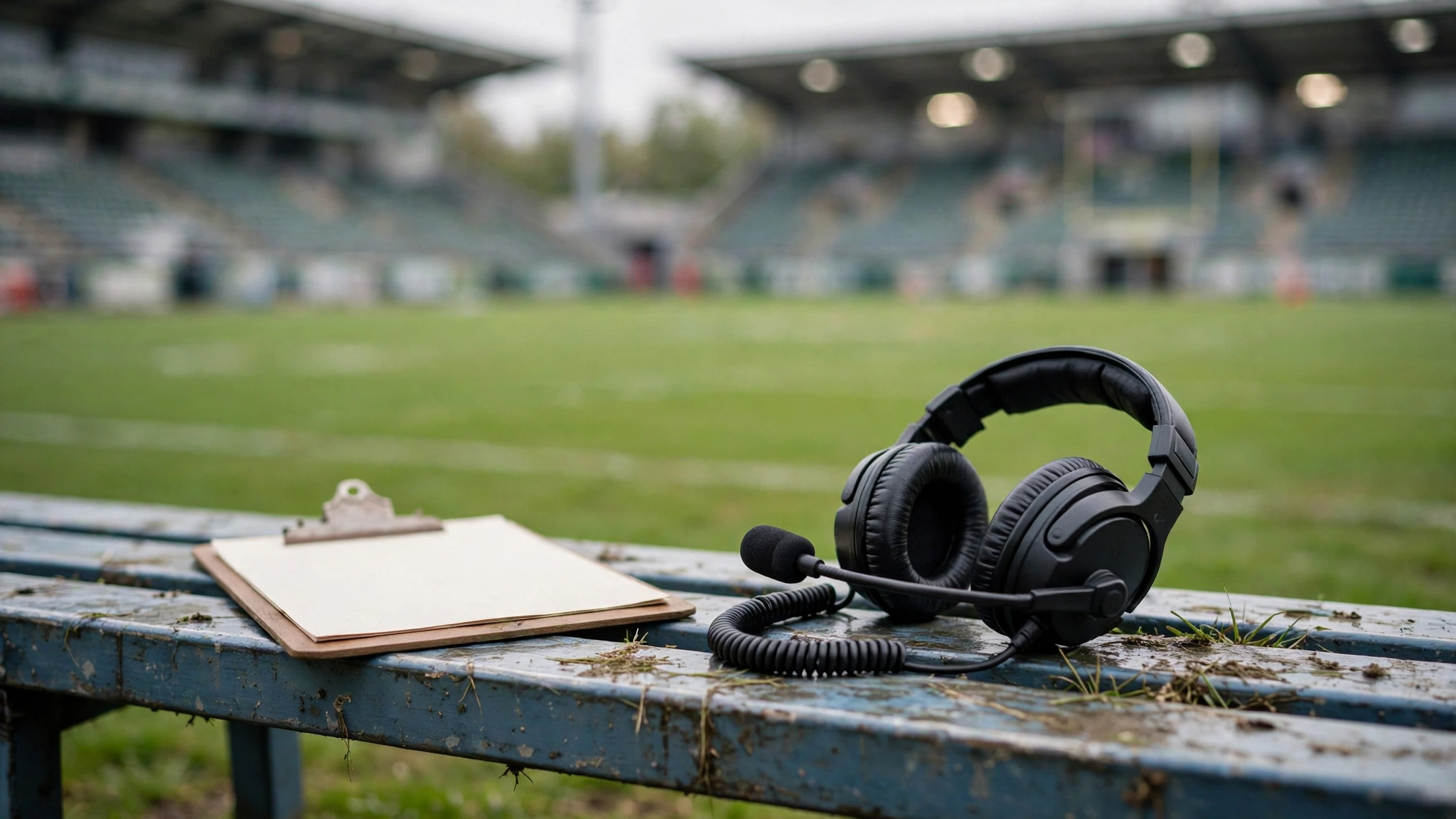 A coach's headset and a blank clipboard resting on a bench beside a football field.