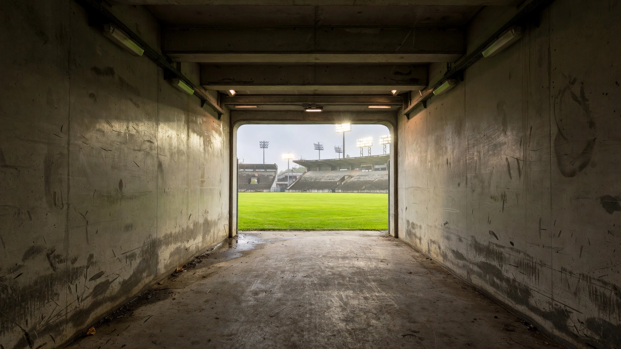 A concrete stadium tunnel opening onto a green football field with stadium lights in the distance.
