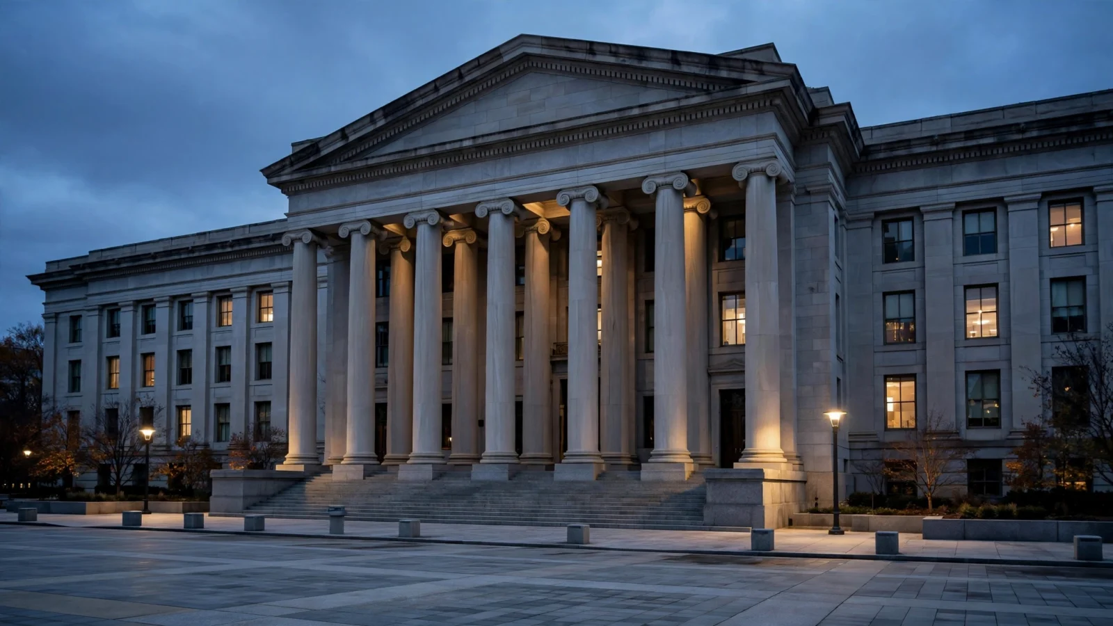 A neoclassical government building with tall stone columns lit at dusk, an editorial illustration.