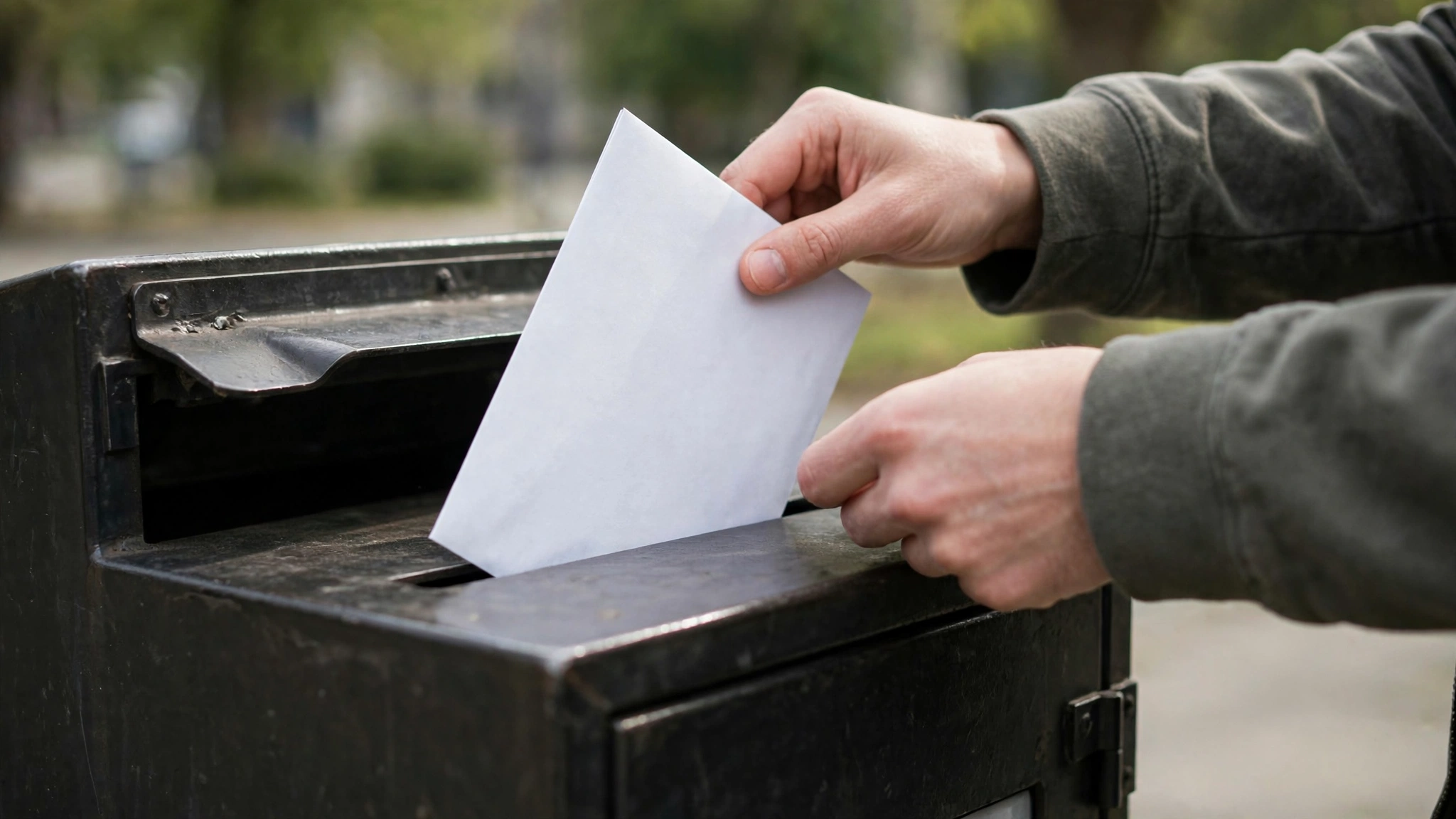 Anonymous hands placing a plain envelope into a dark metal ballot drop box outdoors, an editorial illustration.