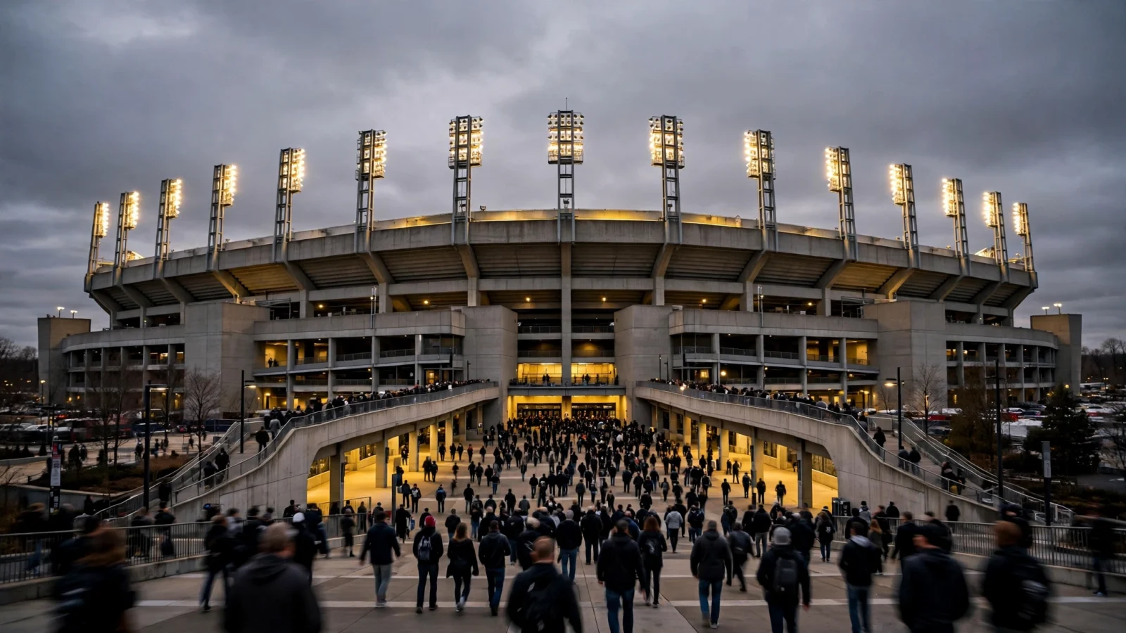 A large football stadium with floodlights on as crowds walk toward the entrances at dusk