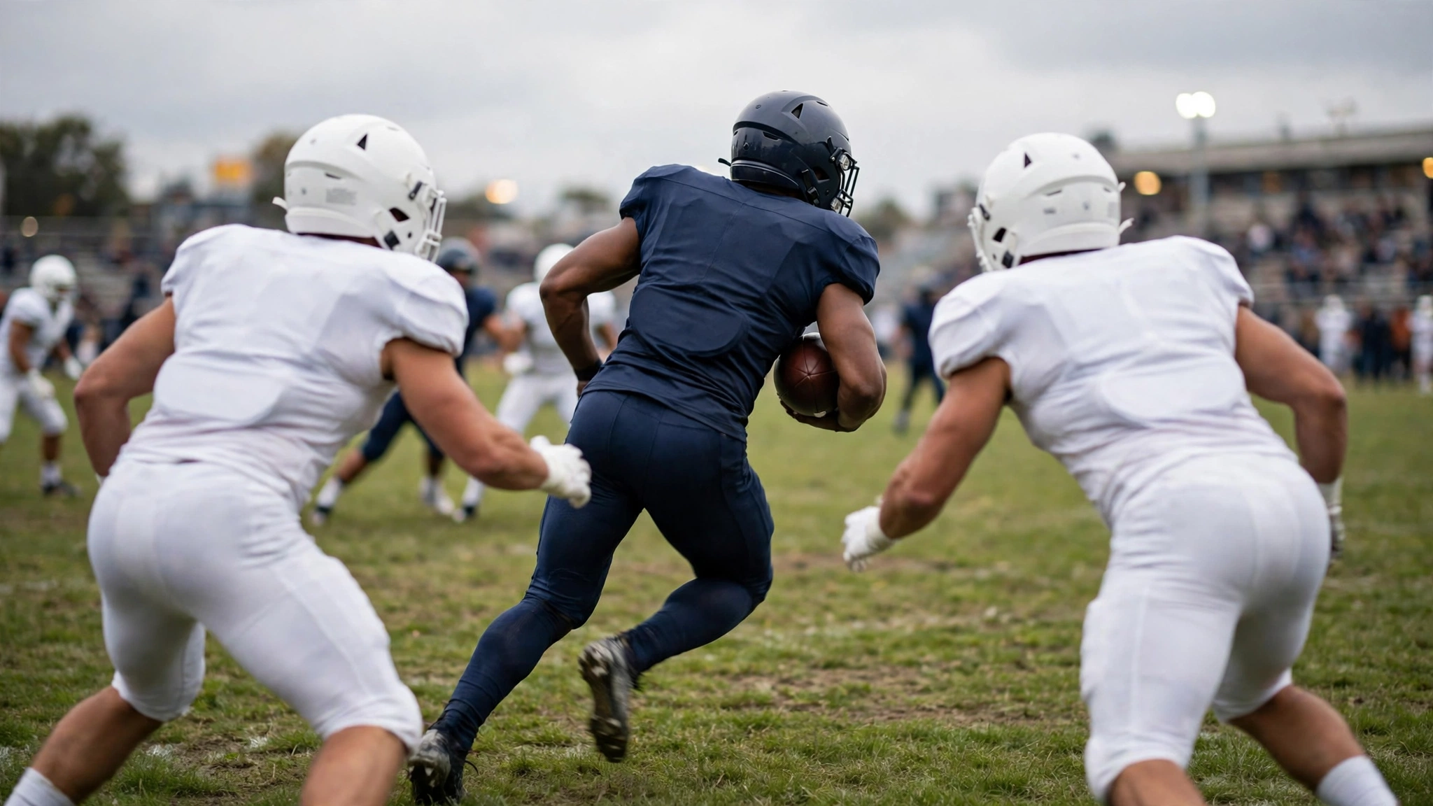 A football player in a plain dark uniform carrying the ball past two defenders on a grass field