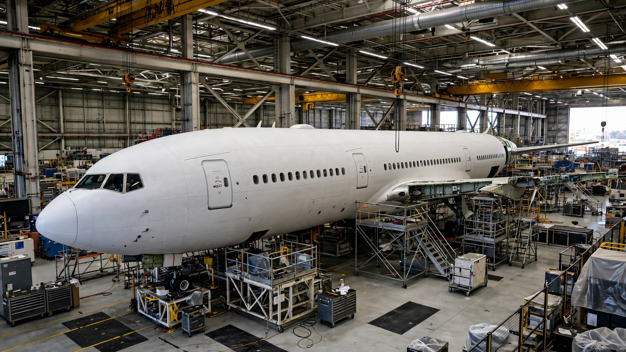 A plain white commercial airplane inside a large assembly hangar