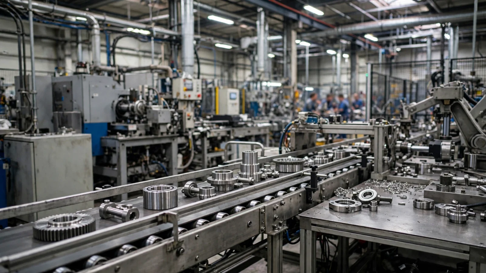 A factory floor with metal parts on a production line and machinery in the background