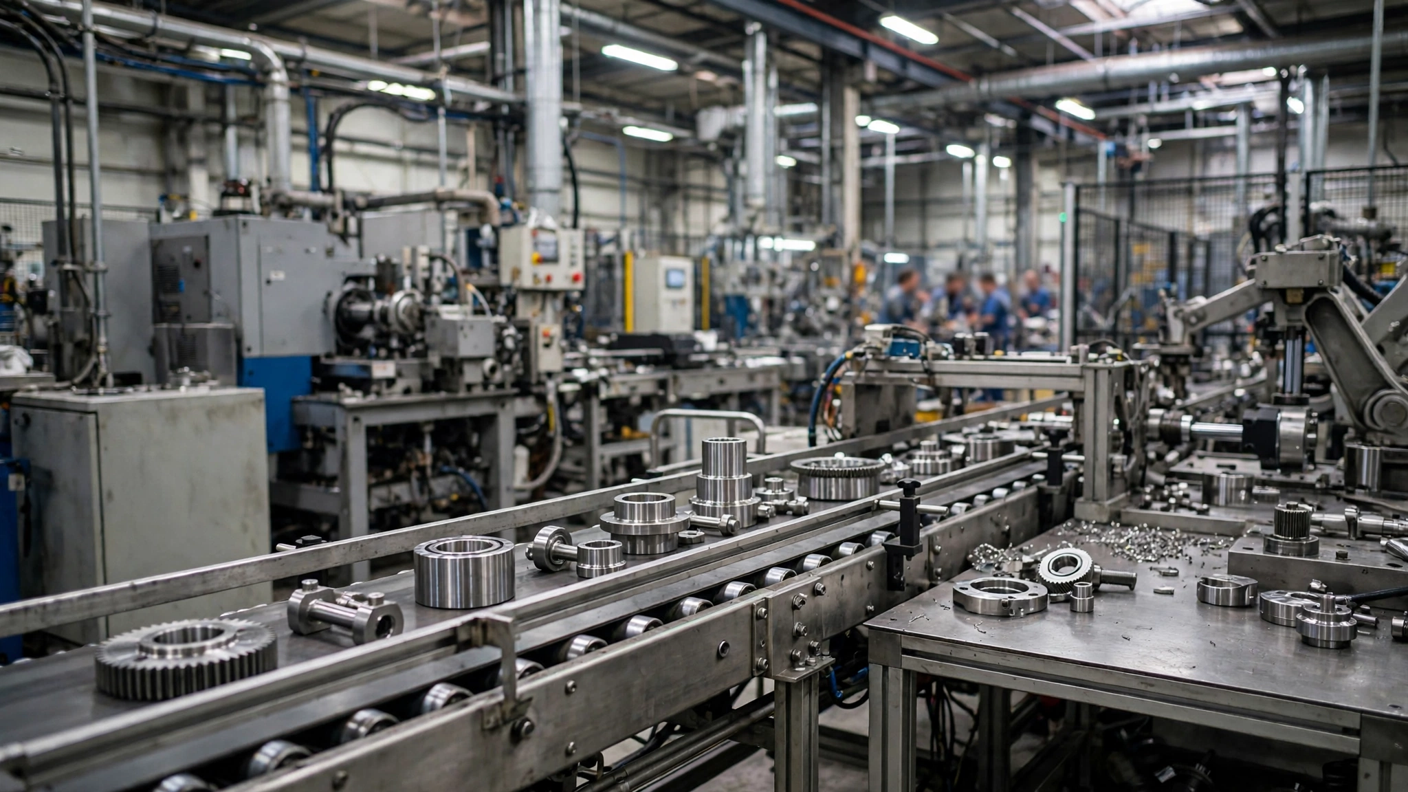 A factory floor with metal parts on a production line and machinery in the background