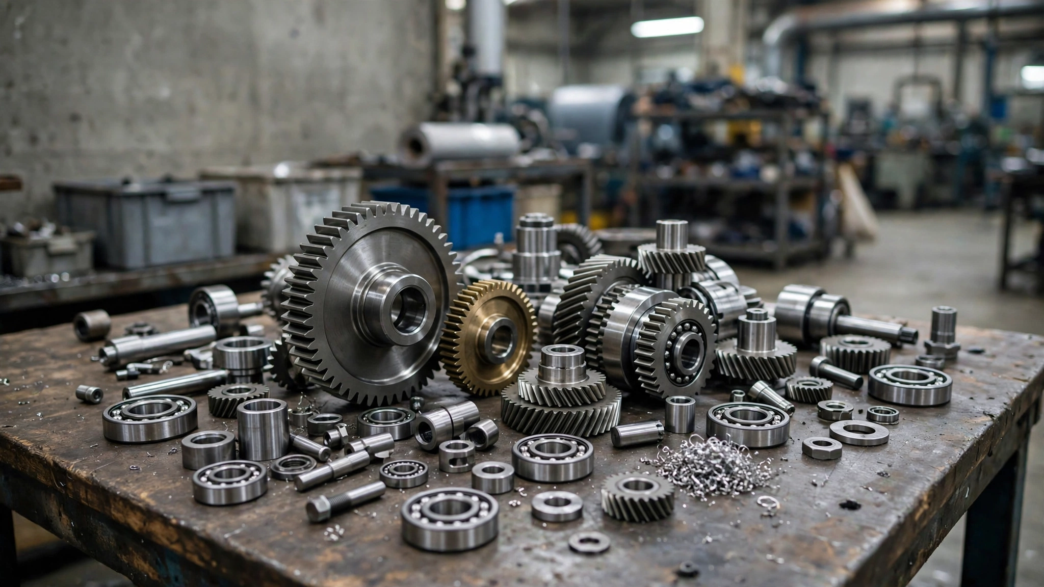 Metal gears, bearings and machine parts arranged on a workbench in a factory