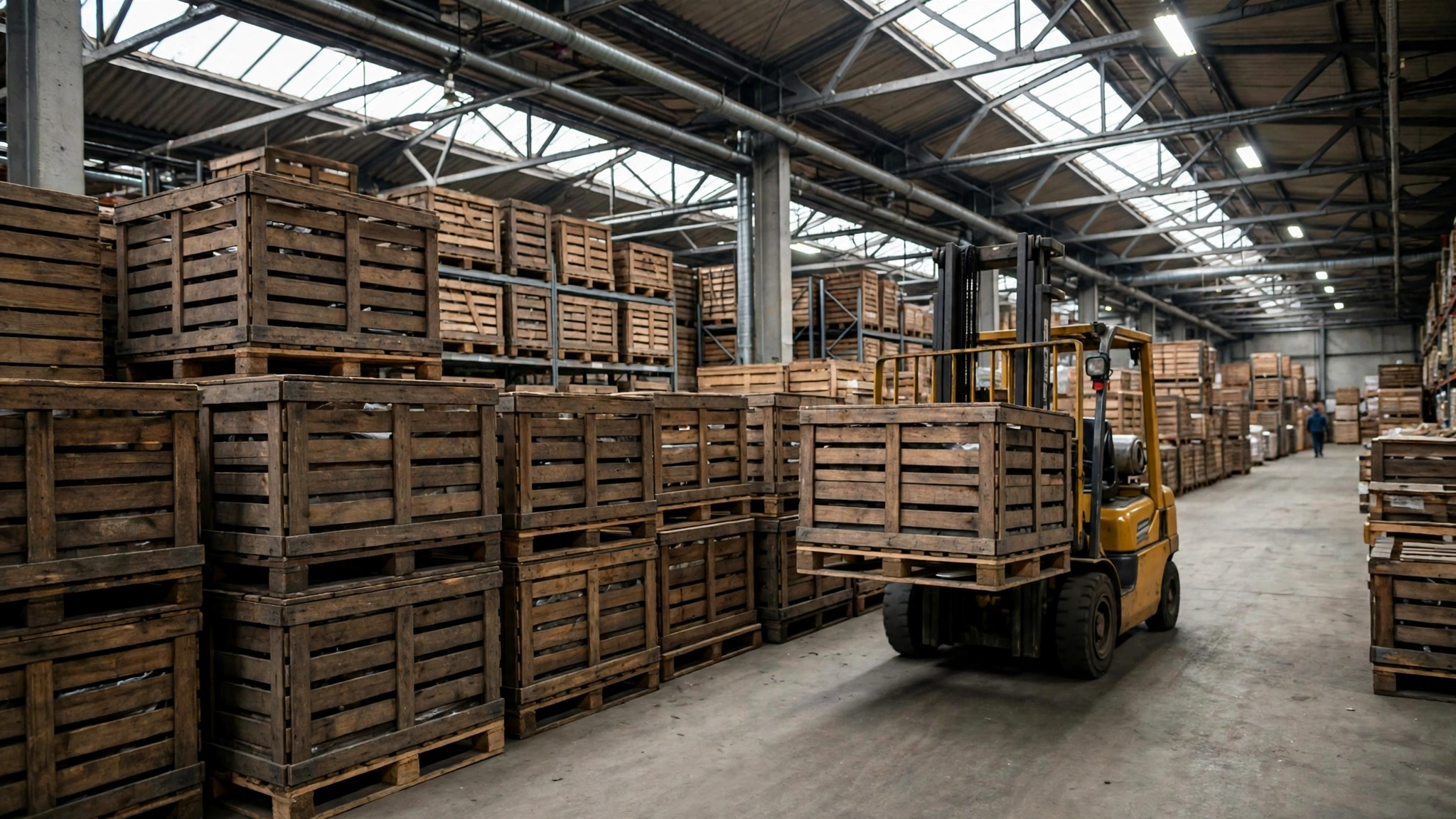 A forklift carrying a wooden crate in a warehouse filled with stacked crates