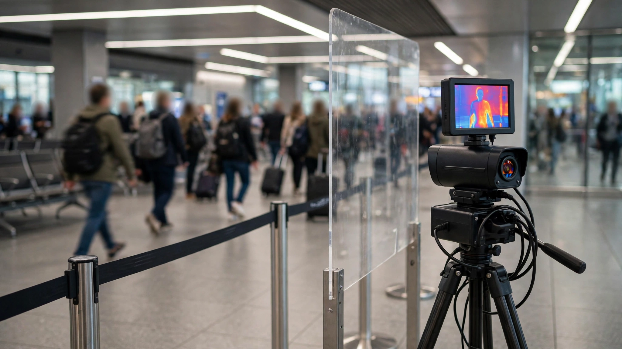 A thermal camera on a tripod at an airport checkpoint with blurred travelers walking in the background.