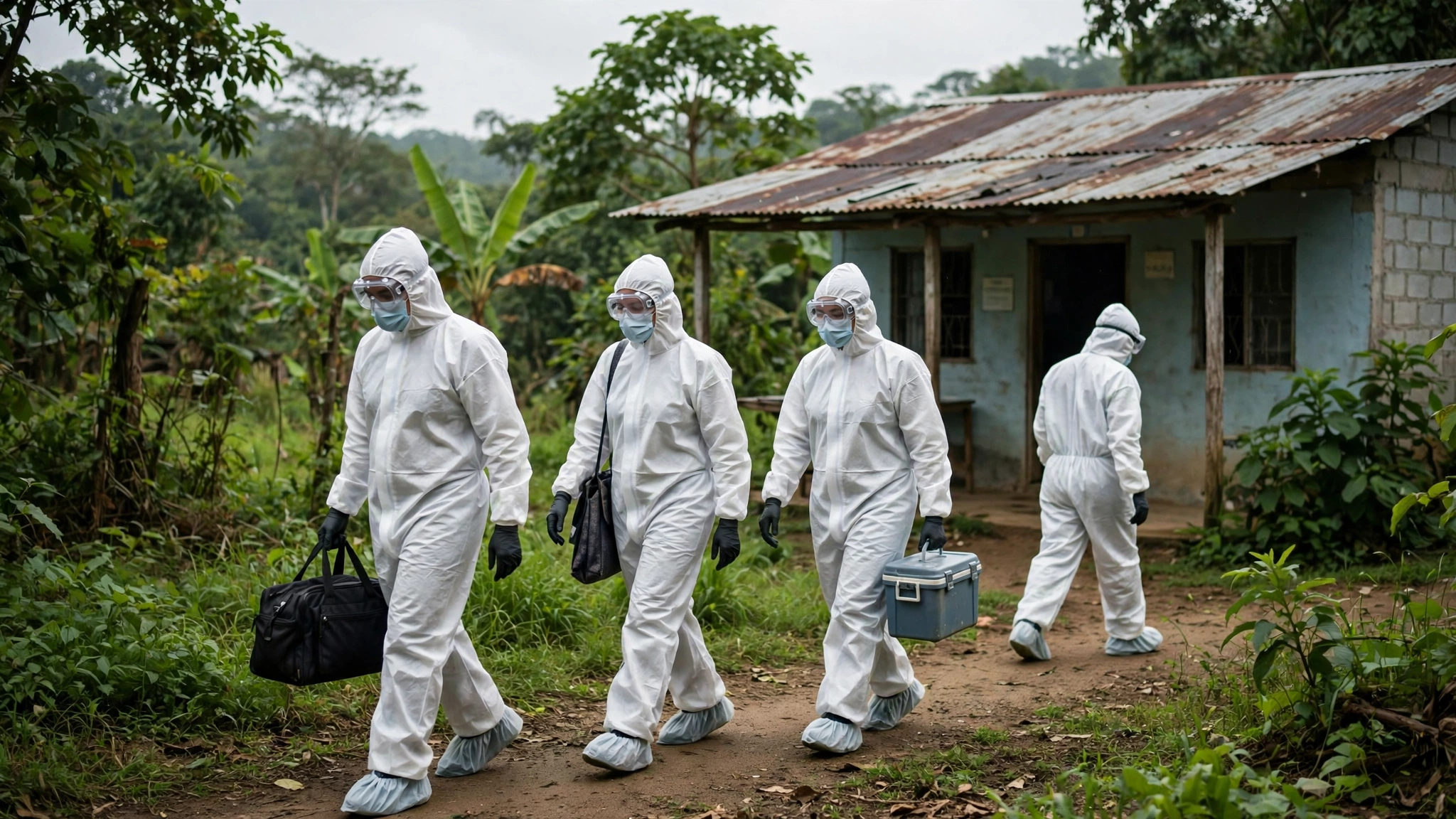 Health workers in white protective suits, masks and goggles walking toward a small rural clinic building.
