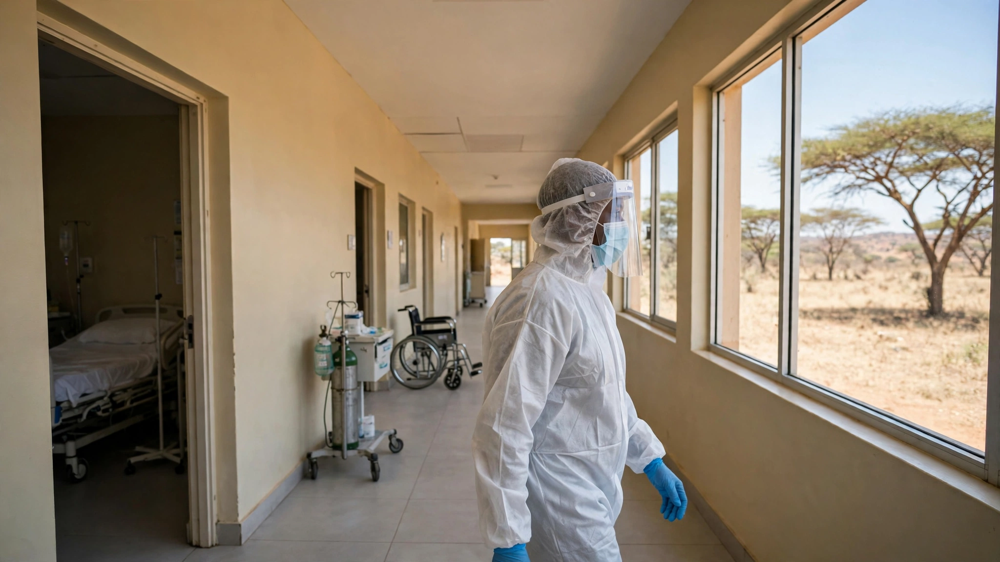 A medical worker in full protective equipment walking through a hospital corridor