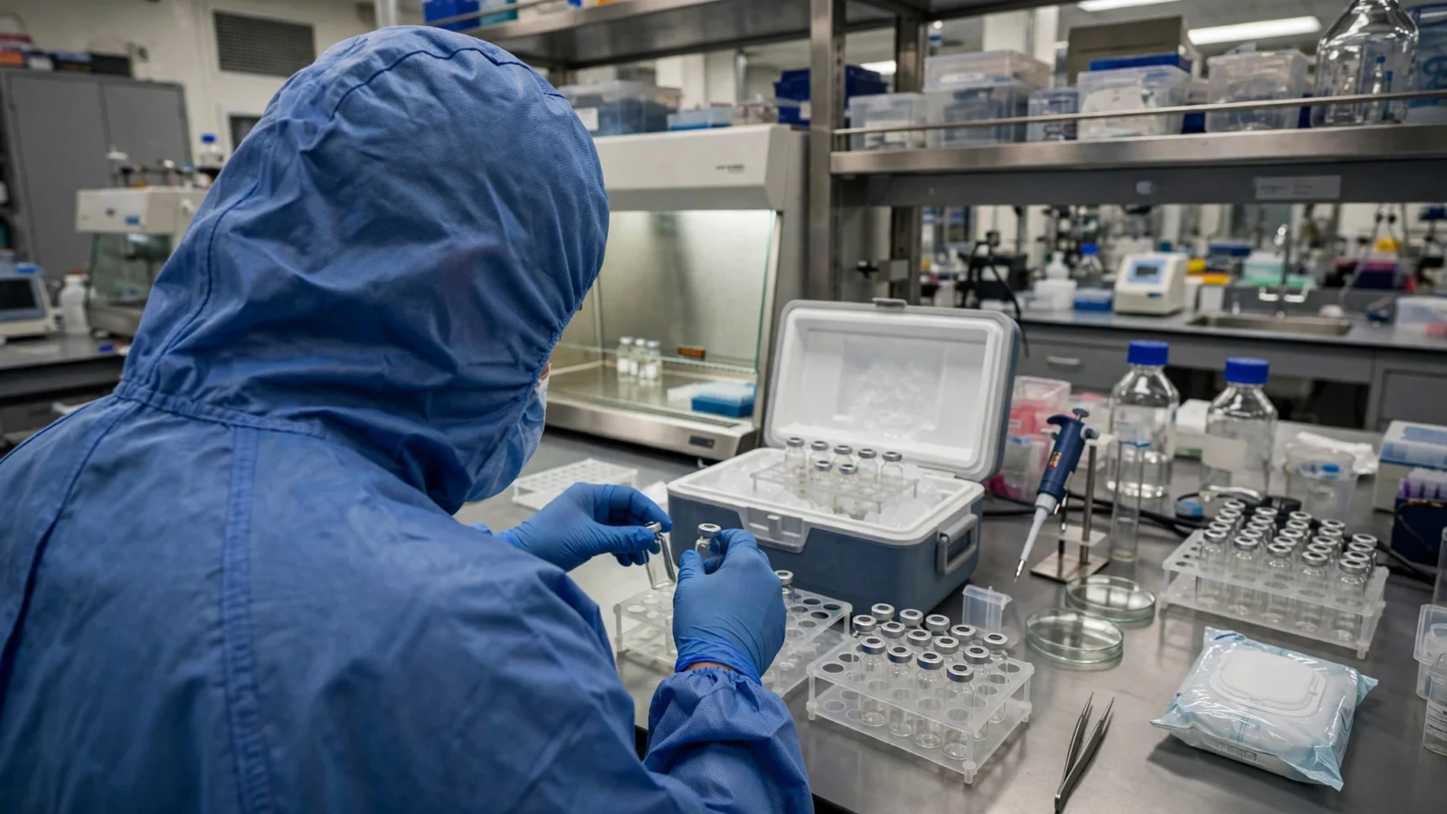 A laboratory worker in blue protective clothing and gloves handling small glass vials at a bench, with a cooler box and lab equipment nearby.