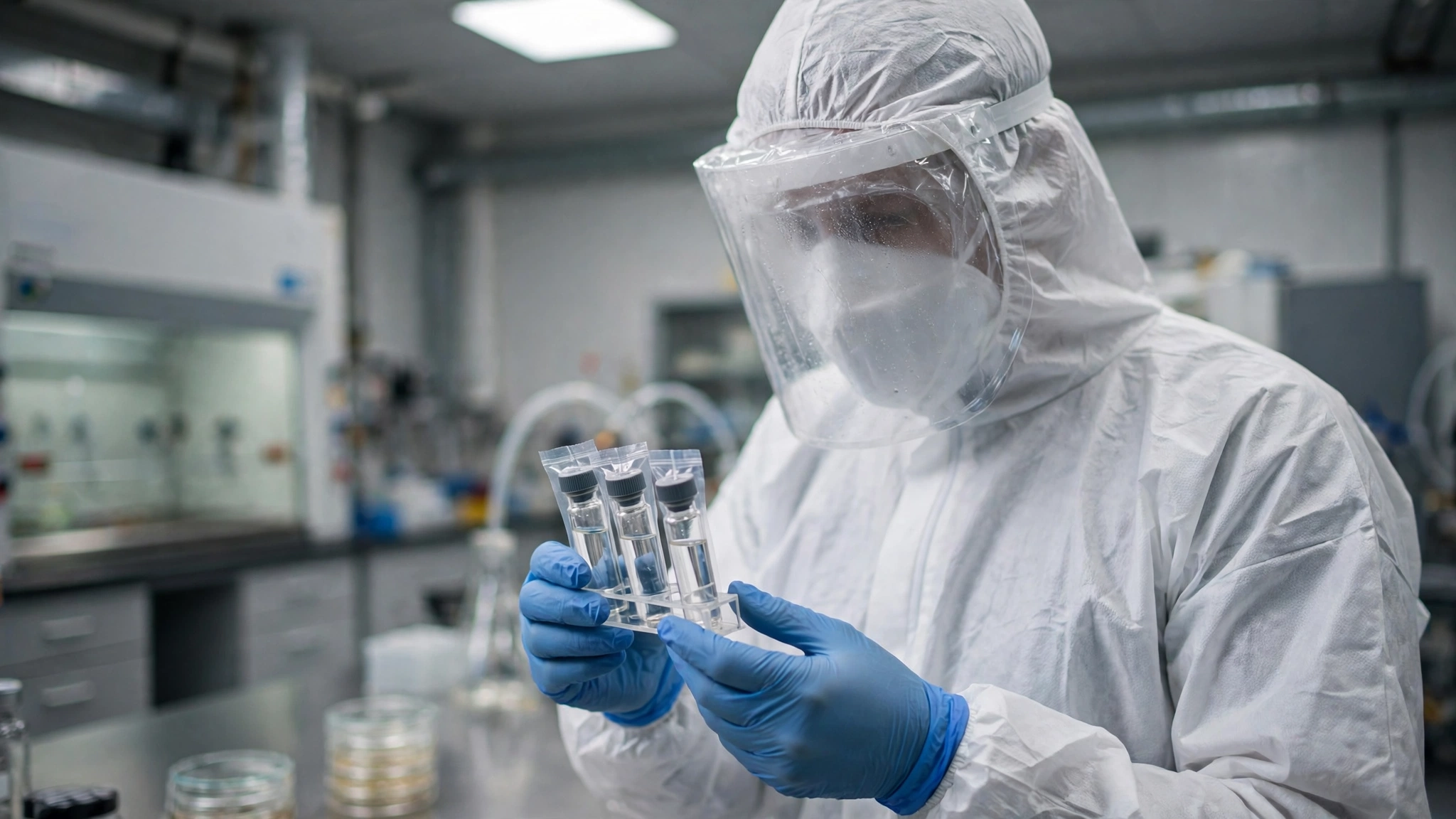 A scientist in a protective suit holding sealed sample vials in a laboratory