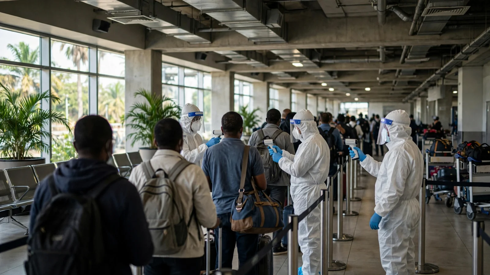 Health workers in protective suits and face shields screening travelers with thermal scanners in an airport arrivals hall