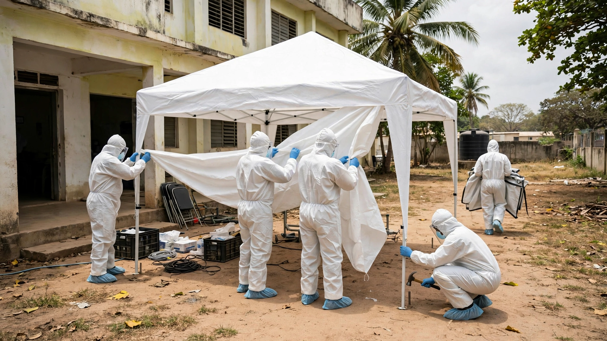 Health workers in protective suits setting up a white screening tent outside a hospital building
