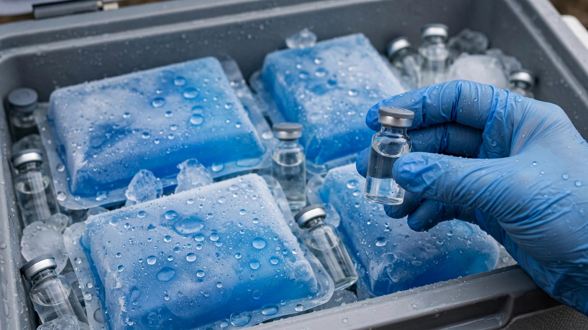 A gloved hand holding a small glass vial above a cooler box filled with ice packs and other vials.