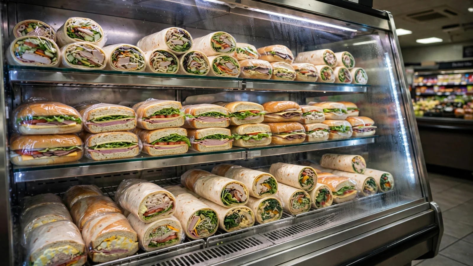 Wrapped sandwiches and wraps on refrigerated shelves in a supermarket deli case.