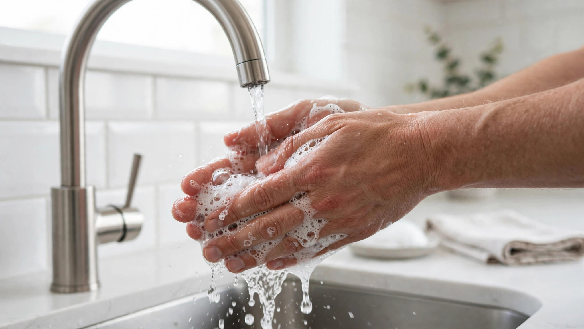 Hands being washed with soap under a kitchen faucet.