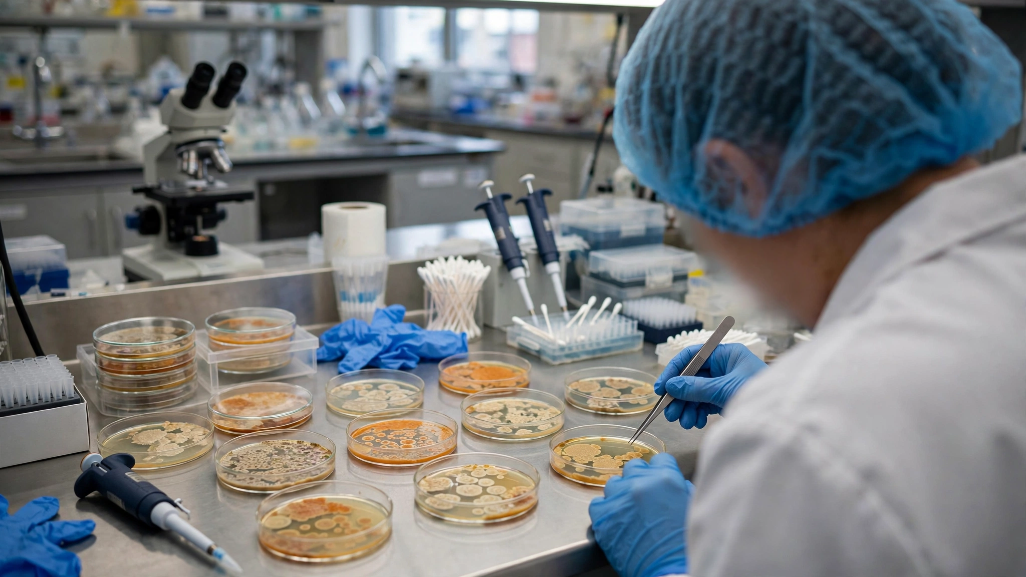 A lab worker in gloves handling petri dishes in a microbiology laboratory.