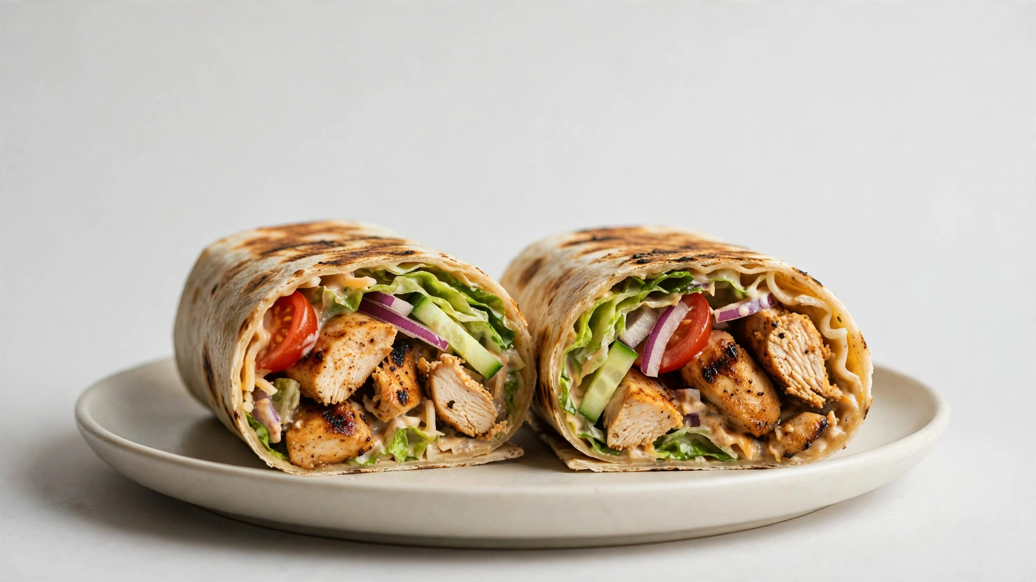 A grilled chicken wrap cut in half on a white plate.