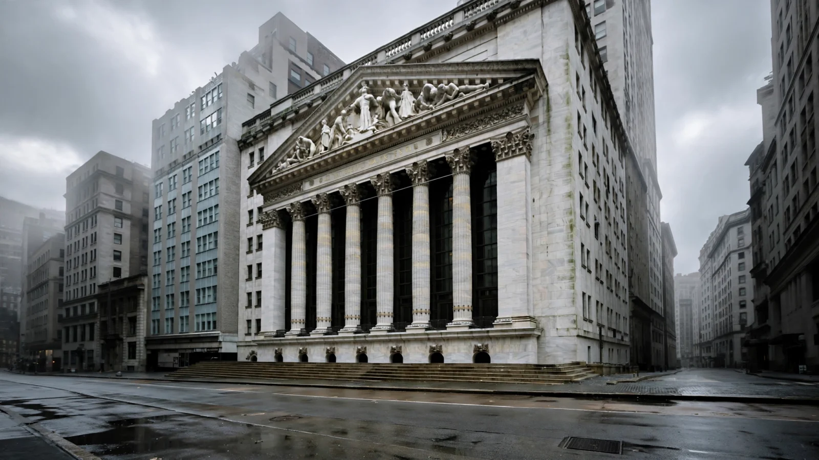 The facade of the New York Stock Exchange building in Lower Manhattan on an overcast morning