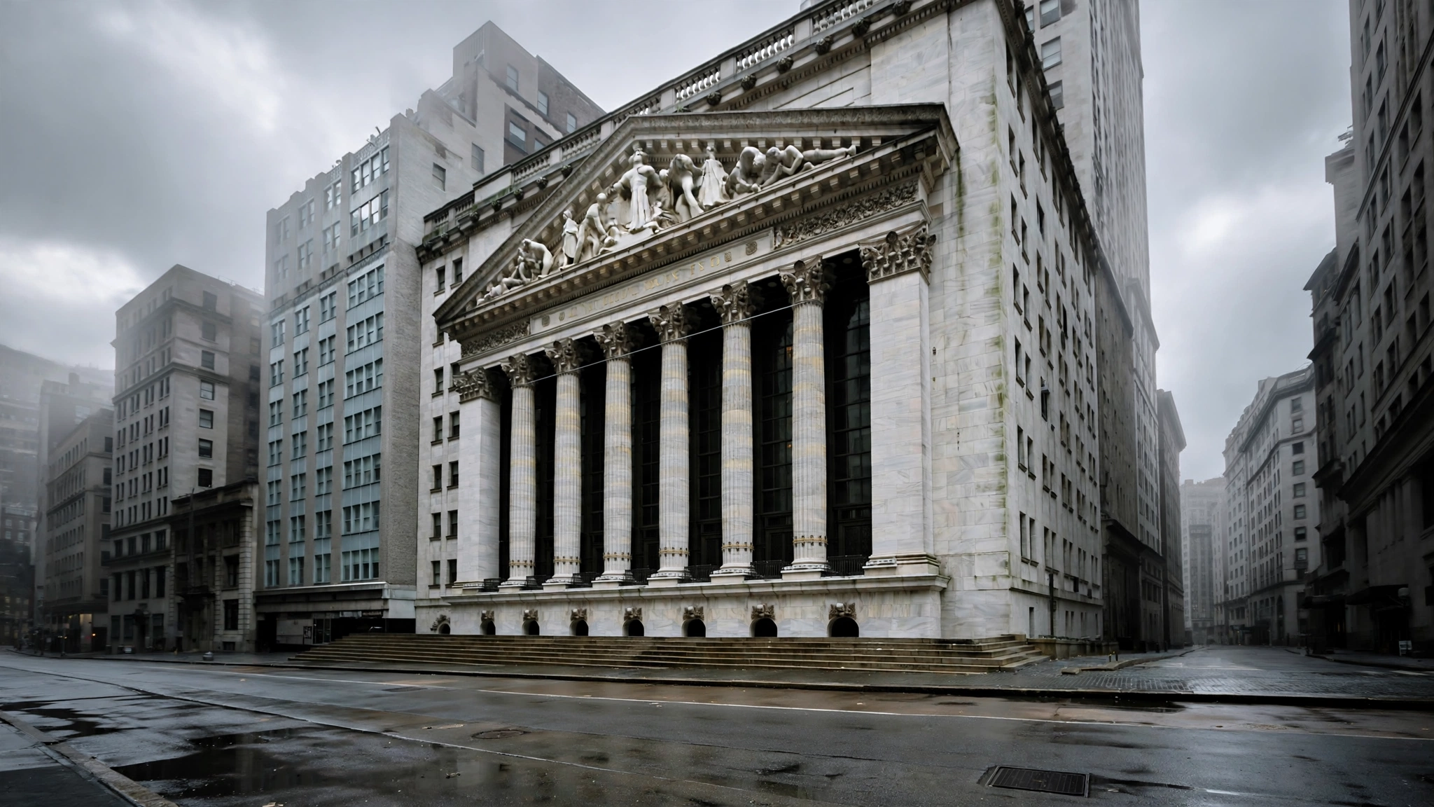 The facade of the New York Stock Exchange building in Lower Manhattan on an overcast morning