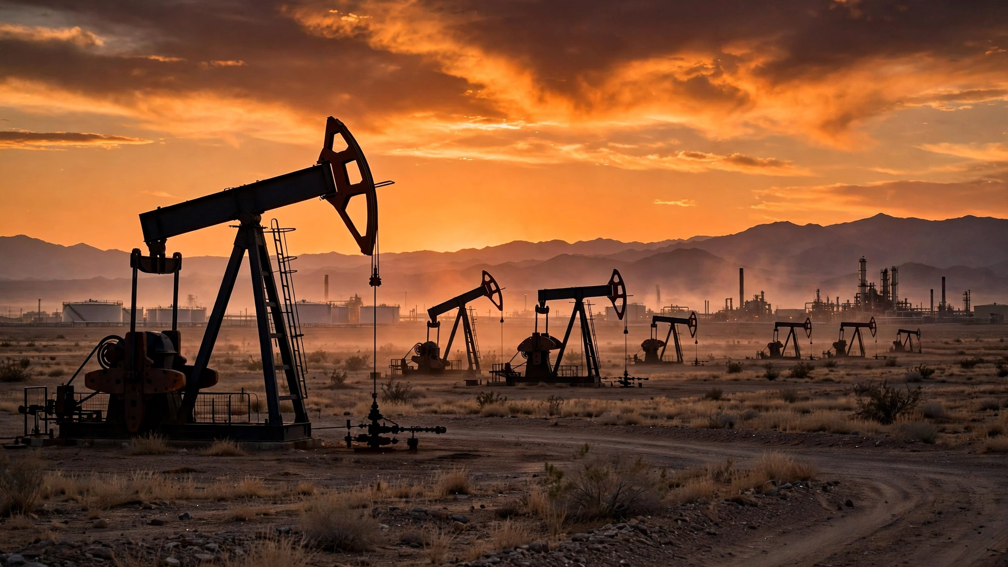Oil pumpjacks operating in a desert oil field under a bright orange sunset sky
