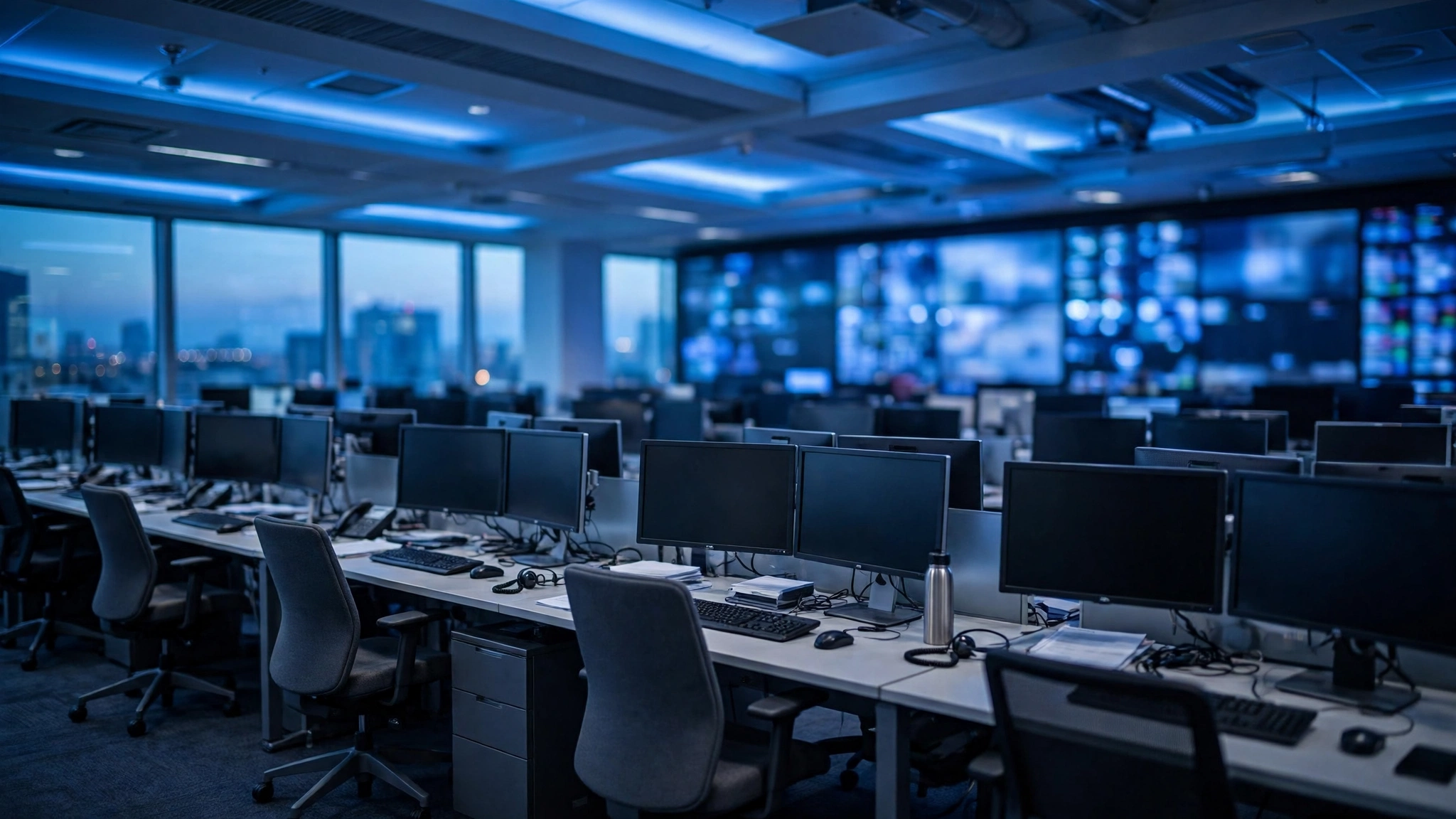 An empty stock trading floor with rows of dark monitors before the opening bell