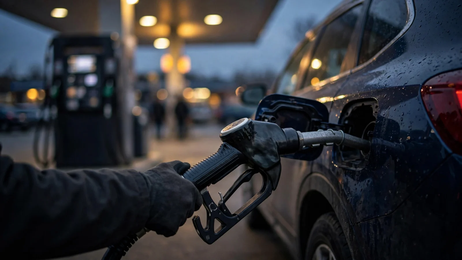 A gloved hand holds a fuel nozzle filling a car at a gas station at dusk, with the pump blurred in the background.