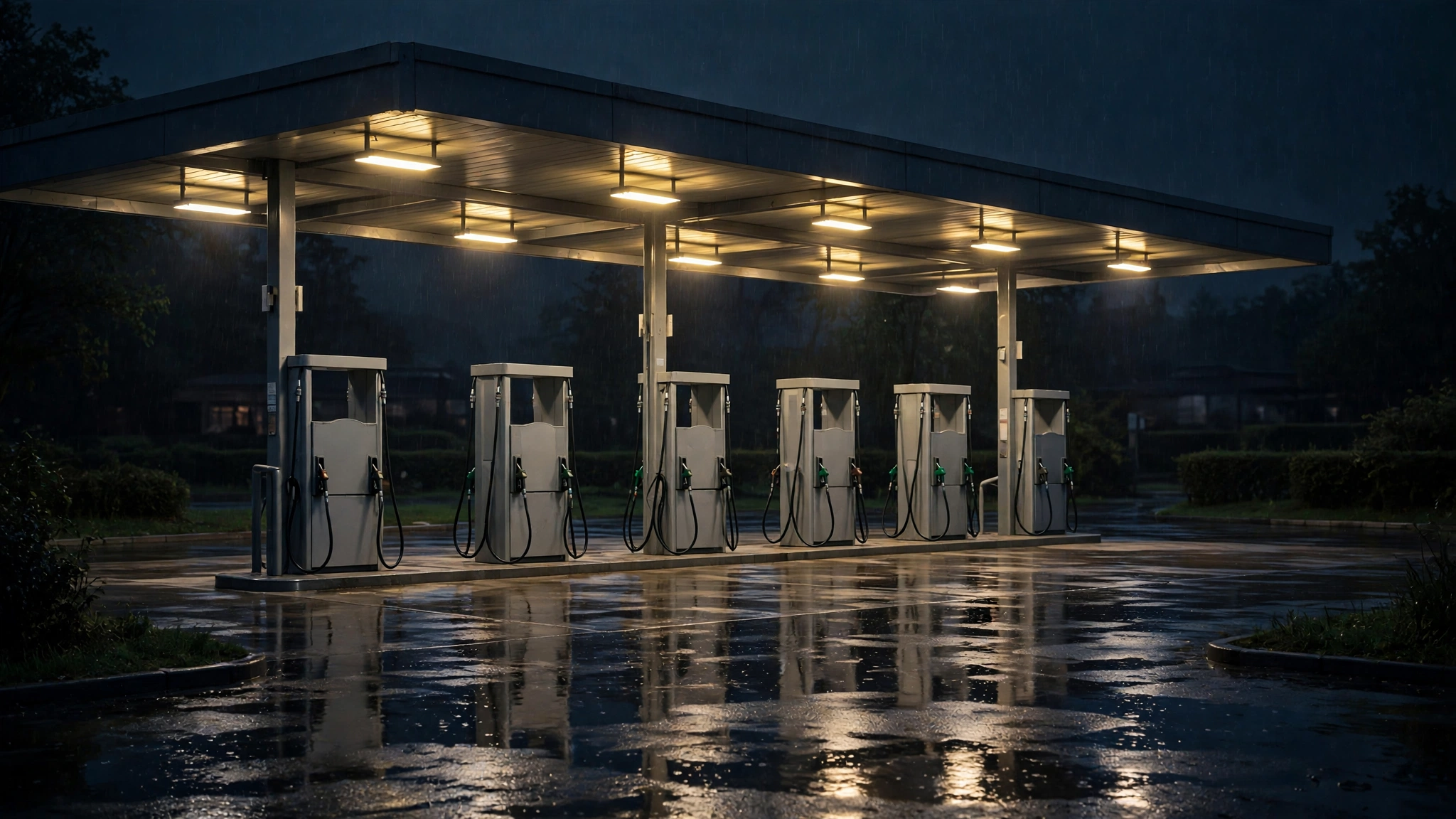 A row of empty fuel pumps under a lit canopy at a gas station at night, with wet pavement reflecting the lights.