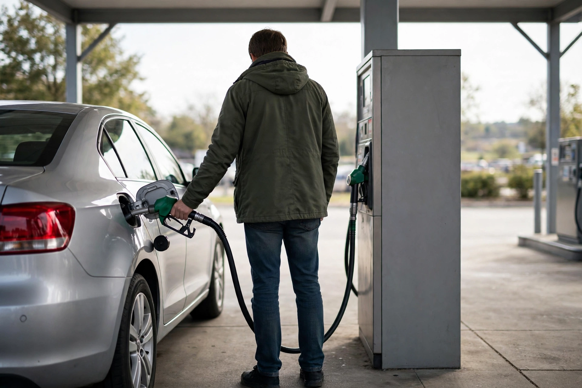 A man seen from behind holding a fuel nozzle while filling a silver sedan at a gas pump in daylight.