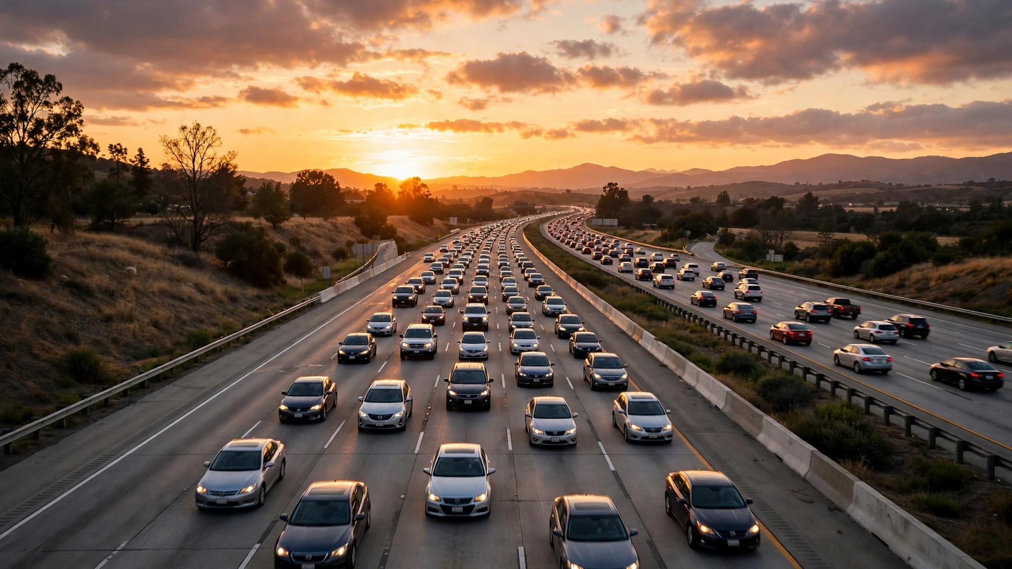 Heavy traffic filling both directions of a multi-lane highway at sunset.