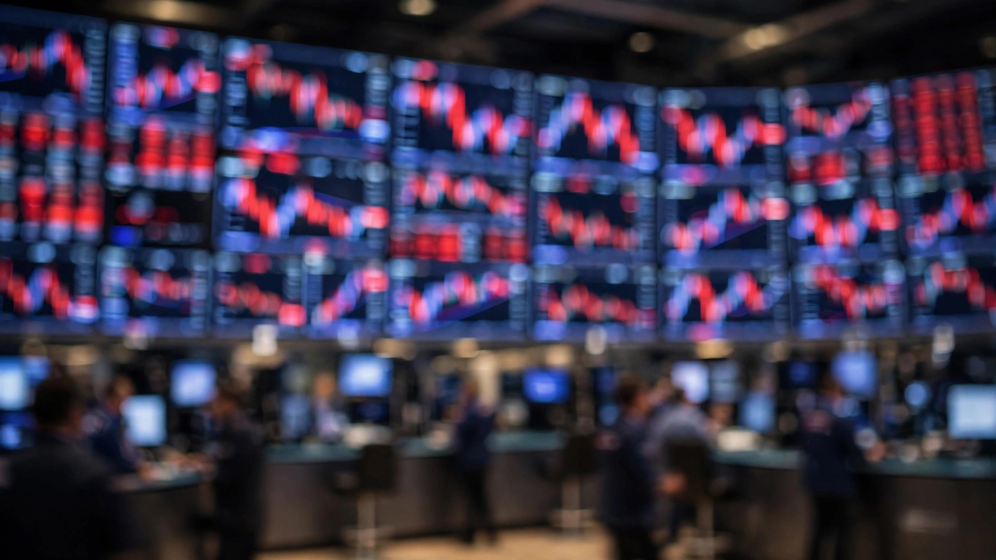 Blurred stock market trading floor with out-of-focus chart screens and silhouetted traders