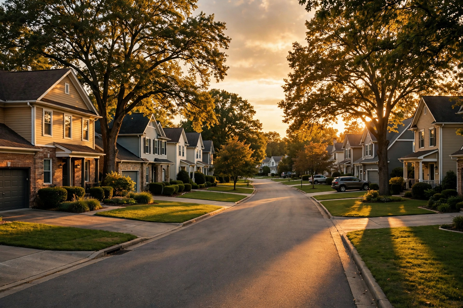 An American suburban residential street with two-story houses at golden hour