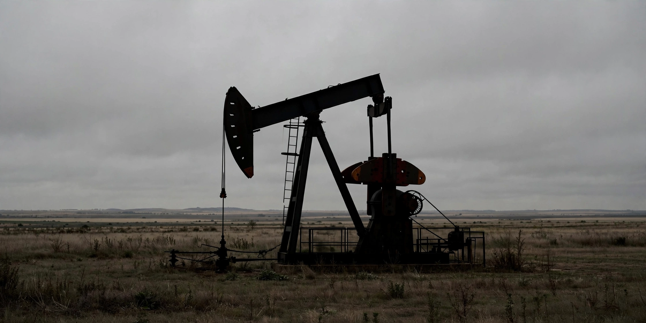 An oil pumpjack silhouetted against a gray overcast sky in an open field