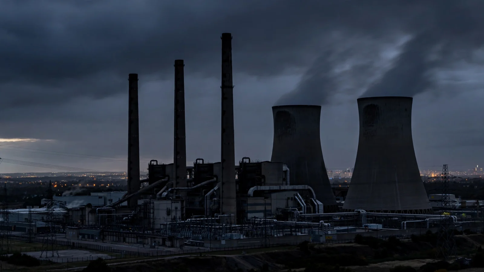 A thermal power plant with tall smokestacks and cooling towers silhouetted against an overcast evening sky.