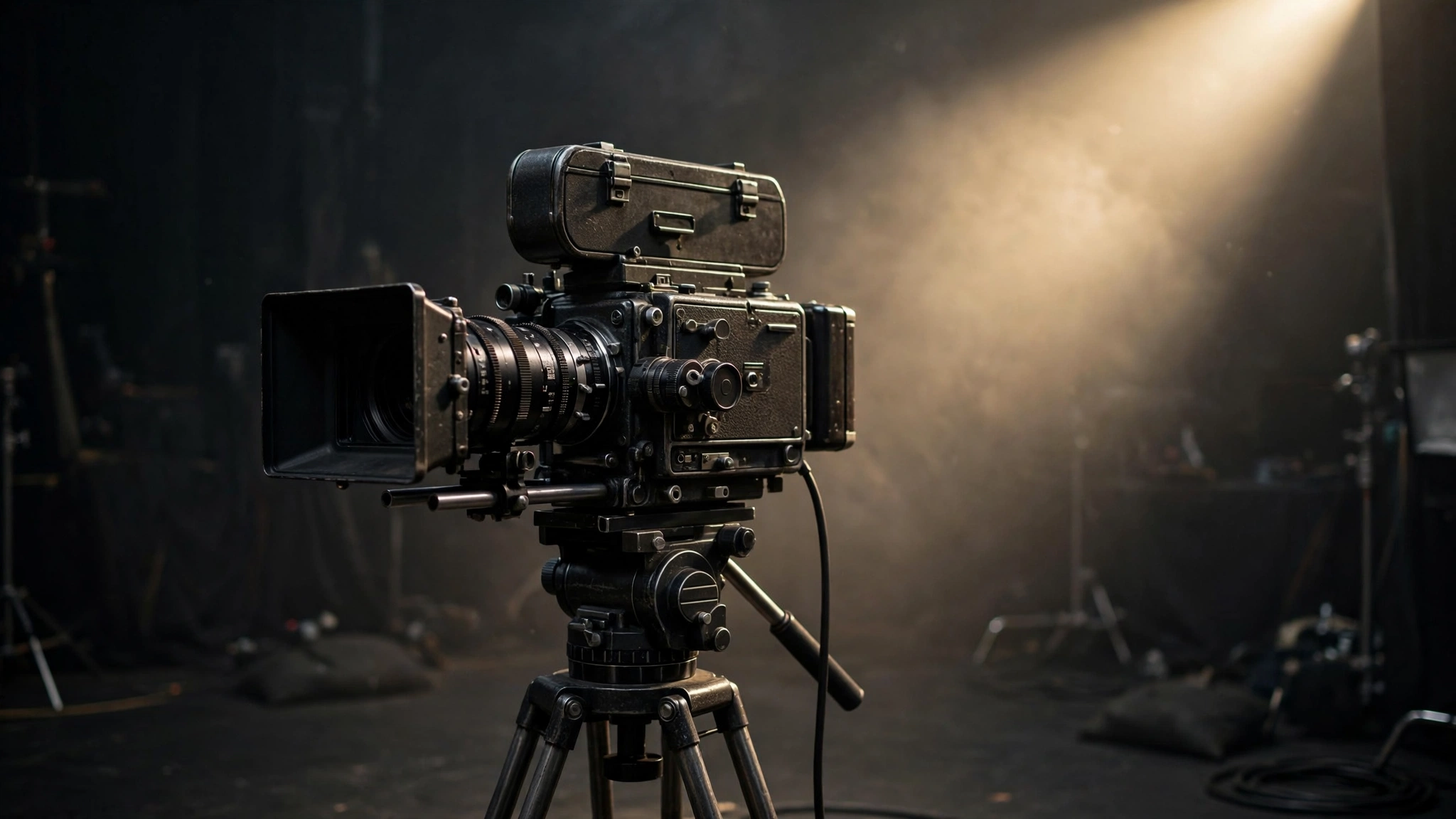 A vintage professional cinema camera on a tripod on a dark film set