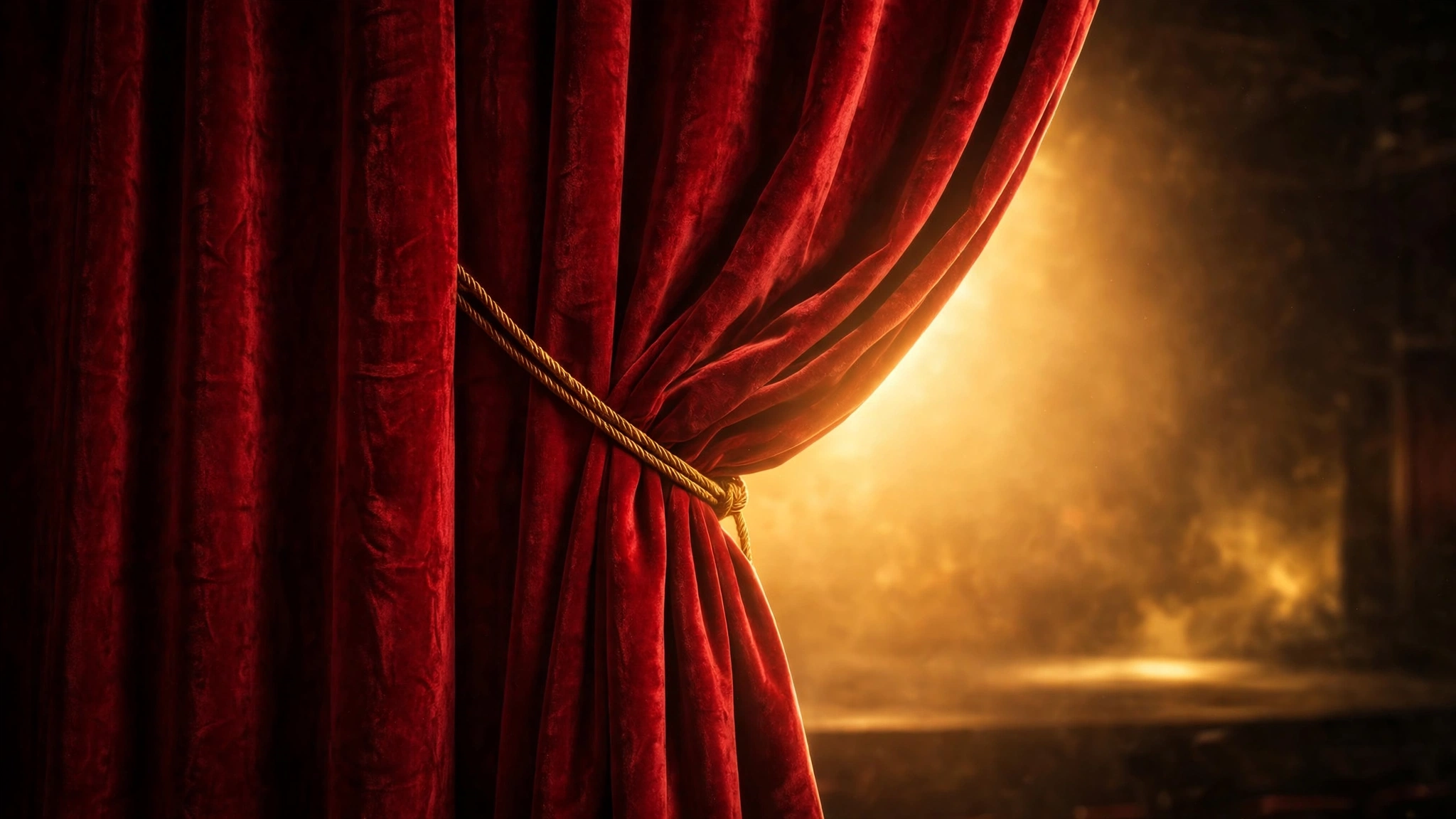 A red velvet cinema curtain partly drawn with golden light behind it
