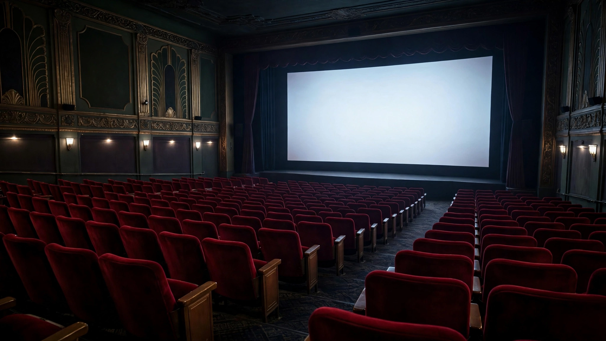 An empty classic movie theater with rows of red seats facing a glowing screen