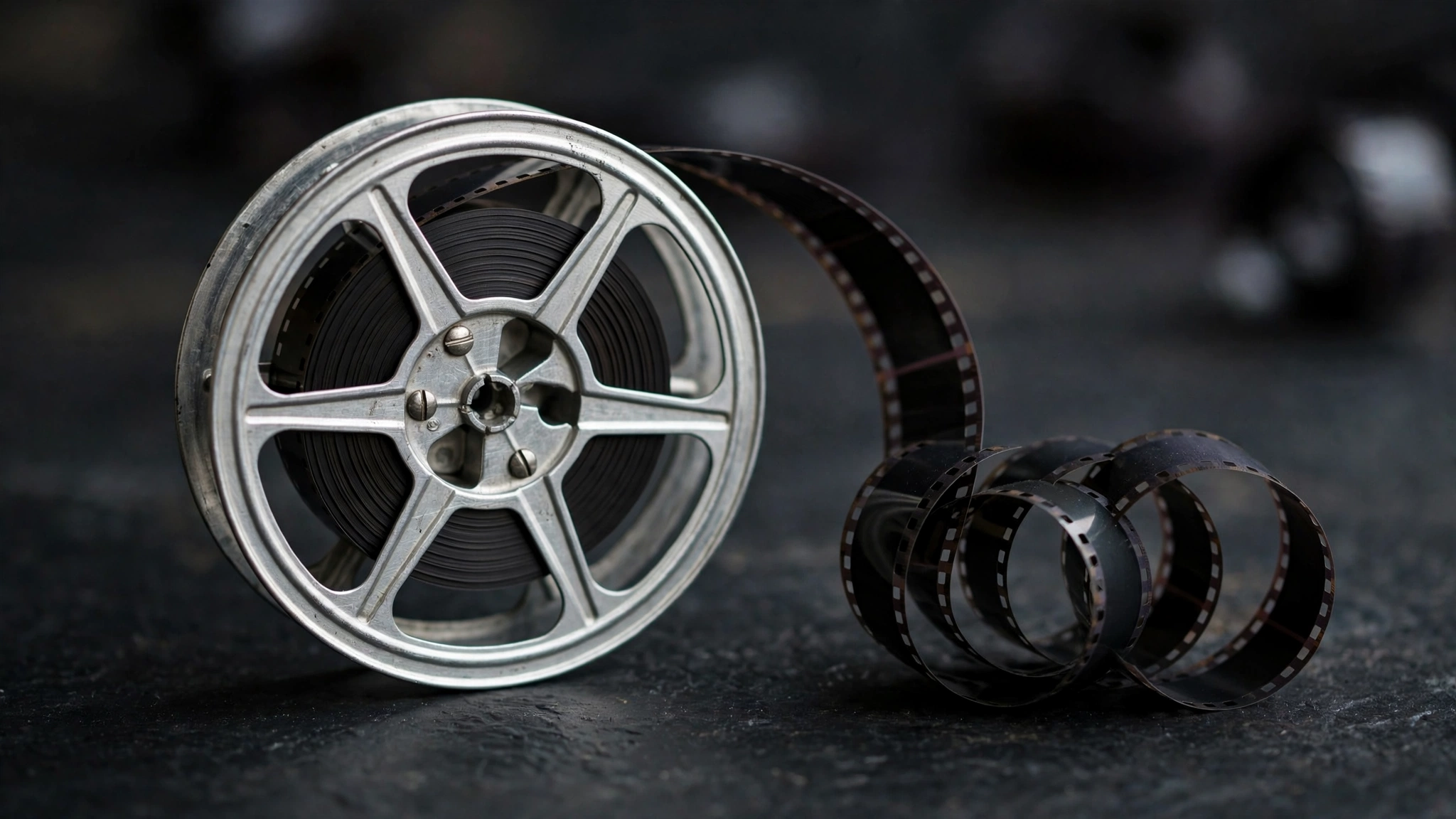 A metal 35mm film reel with film strip curling off it