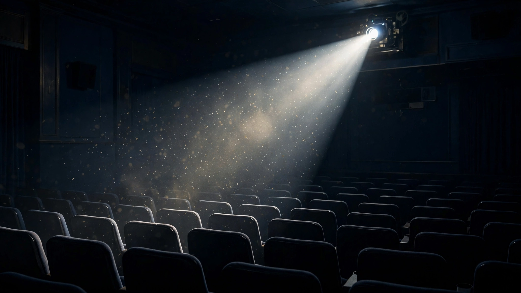 A movie projector beam cutting through a dark theater above empty seats