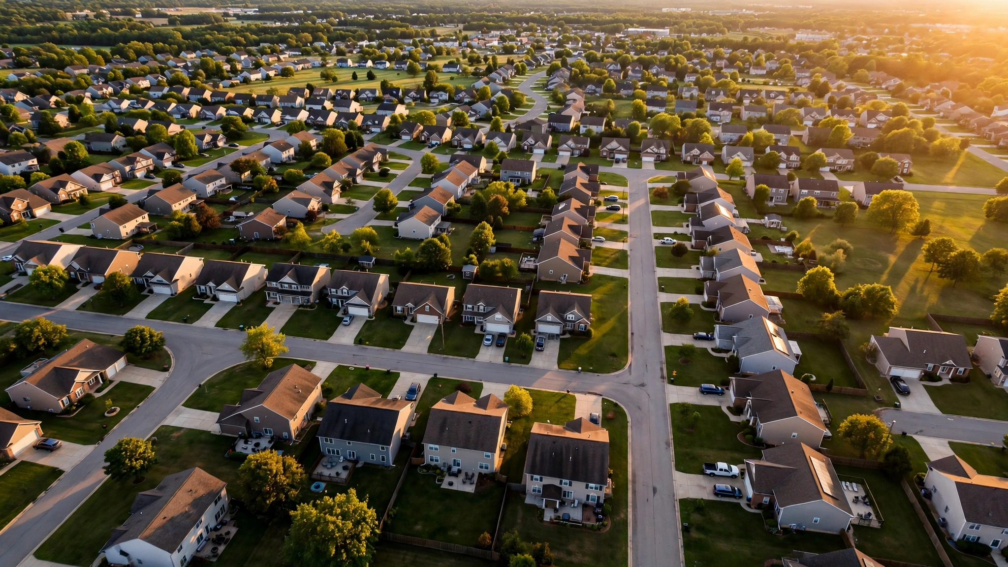 Aerial view of an American suburban neighborhood of single-family homes at golden hour