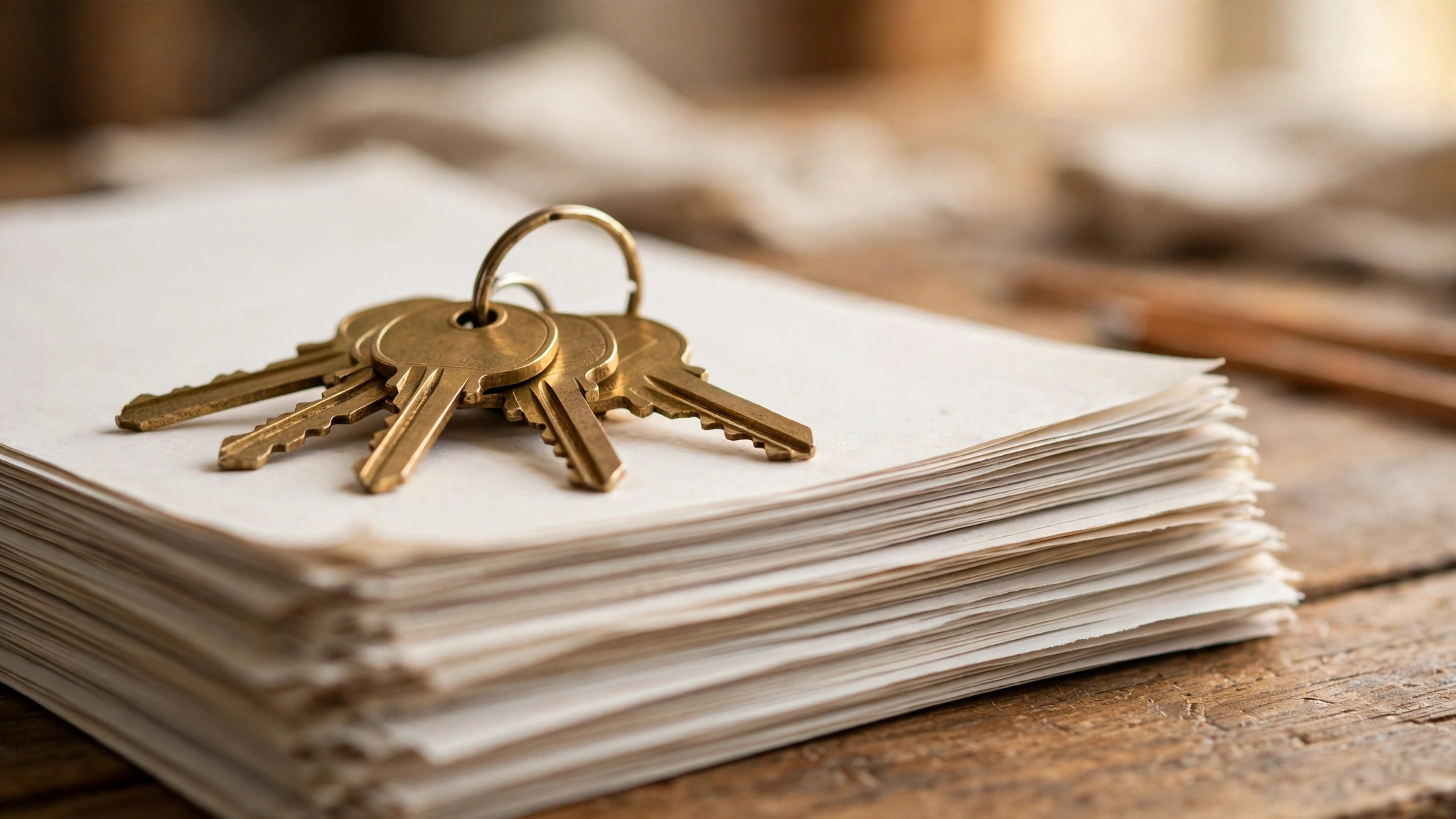 A set of house keys resting on a stack of paperwork and loan documents on a desk