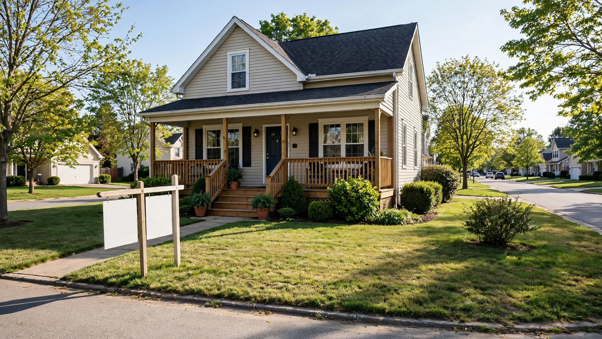 A suburban single-family home with a blank for-sale sign in the front yard
