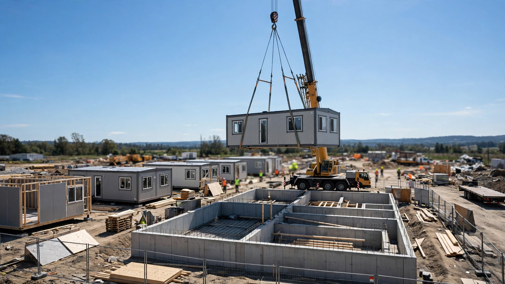A crane lowering a prefabricated modular home section onto a foundation at a construction site