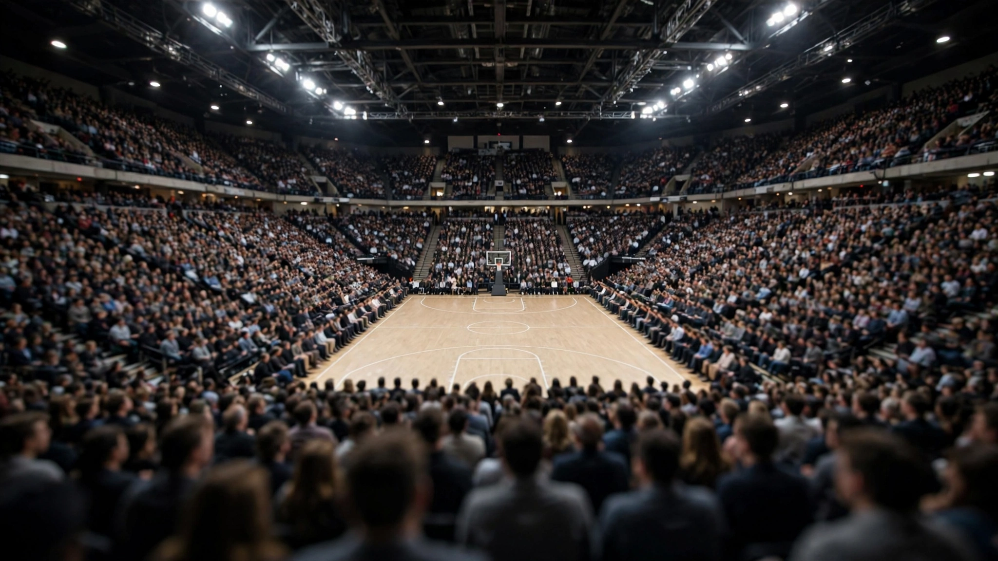 A crowded basketball arena seen from the stands during a night game